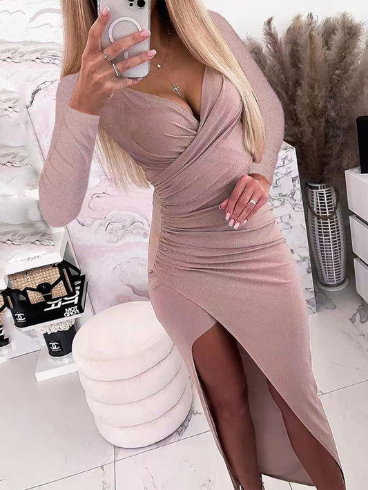 Inrosy mi-longue robe moulante fendu le côté v-cou manches longues femme élégant