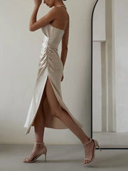 Inrosy longue robe satin fendu le côté dos nu à fines brides v-cou sans manches femme élégant de soirée