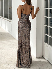 Inrosy longue robe moulante brillante paillette fendu le côté à fines brides v-cou sans manches femme élégant de soirée