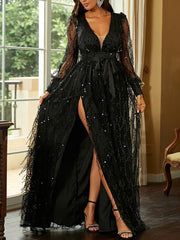 Inrosy longue robe brillante paillette fendu le côté ceinture frange beading v-cou manches bishop longues femme élégant de soirée