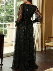 Inrosy longue robe brillante paillette fendu le côté ceinture frange beading v-cou manches bishop longues femme élégant de soirée