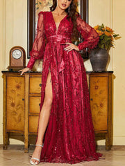 Inrosy longue robe brillante paillette fendu le côté ceinture frange beading v-cou manches bishop longues femme élégant de soirée