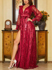 Inrosy longue robe brillante paillette fendu le côté ceinture frange beading v-cou manches bishop longues femme élégant de soirée