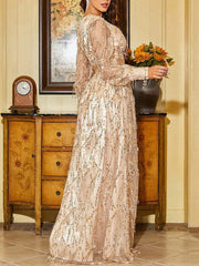 Inrosy longue robe brillante paillette fendu le côté ceinture frange beading v-cou manches bishop longues femme élégant de soirée