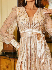 Inrosy longue robe brillante paillette fendu le côté ceinture frange beading v-cou manches bishop longues femme élégant de soirée
