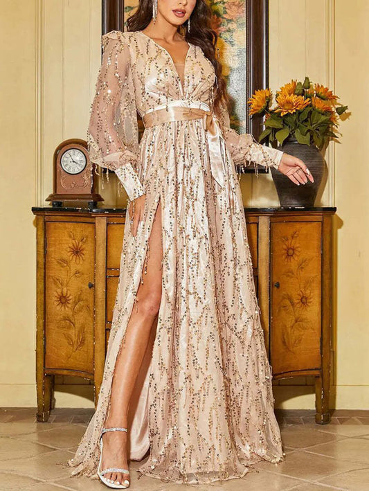 Inrosy longue robe brillante paillette fendu le côté ceinture frange beading v-cou manches bishop longues femme élégant de soirée