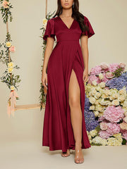 Inrosy robe demoiselle d'honneur v-cou fendu le côté manches courtes femme élégant mode bal de promo cérémonie