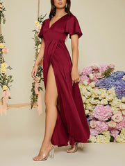 Inrosy robe demoiselle d'honneur v-cou fendu le côté manches courtes femme élégant mode bal de promo cérémonie