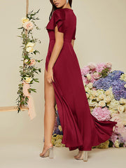 Inrosy robe demoiselle d'honneur v-cou fendu le côté manches courtes femme élégant mode bal de promo cérémonie