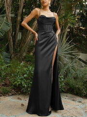 Inrosy robe longue moulante satin fendu le côté à fines brides sans manches femme élégant de soirée bal de promo invité mariage