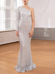 Inrosy robe longue moulante brillante paillette sirene une épaule manches longues femme élégant de soirée invité mariage