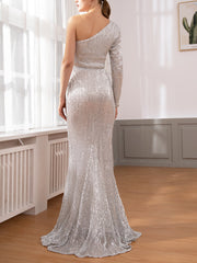 Inrosy robe longue moulante brillante paillette sirene une épaule manches longues femme élégant de soirée invité mariage