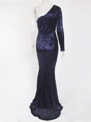 Inrosy robe longue moulante brillante paillette sirene une épaule manches longues femme élégant de soirée invité mariage