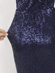 Inrosy robe longue moulante brillante paillette sirene une épaule manches longues femme élégant de soirée invité mariage