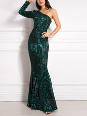 Inrosy robe longue moulante brillante paillette sirene une épaule manches longues femme élégant de soirée invité mariage