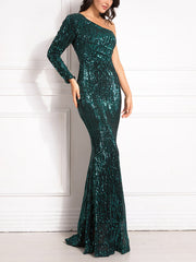 Inrosy robe longue moulante brillante paillette sirene une épaule manches longues femme élégant de soirée invité mariage