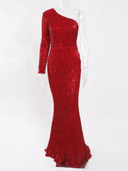 Inrosy robe longue moulante brillante paillette sirene une épaule manches longues femme élégant de soirée invité mariage