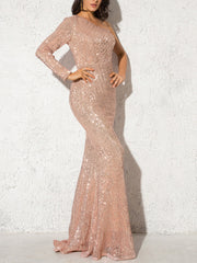 Inrosy robe longue moulante brillante paillette sirene une épaule manches longues femme élégant de soirée invité mariage