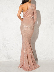 Inrosy robe longue moulante brillante paillette sirene une épaule manches longues femme élégant de soirée invité mariage