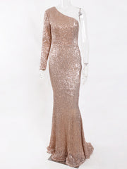 Inrosy robe longue moulante brillante paillette sirene une épaule manches longues femme élégant de soirée invité mariage