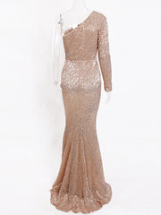 Inrosy robe longue moulante brillante paillette sirene une épaule manches longues femme élégant de soirée invité mariage