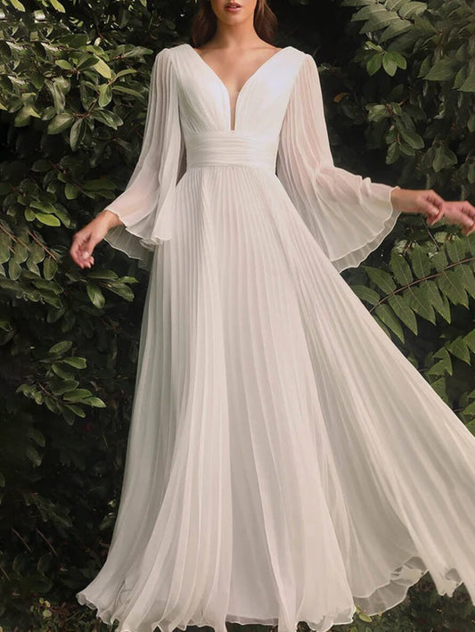 Inrosy robe demoiselle d'honneur fluide plissé v-cou manches trompette manches longues femme médiévale élégant invité mariage