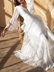 Inrosy robe demoiselle d'honneur fluide plissé v-cou manches trompette manches longues femme médiévale élégant invité mariage