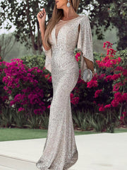 Inrosy robe longue moulante sirene v-cou manches fendues manches longues femme élégant mode de soirée