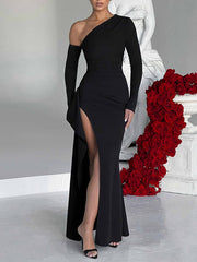 Inrosy robe longue moulante fendu le côté sirene irrégulière une épaule manches longues femme élégant de soirée