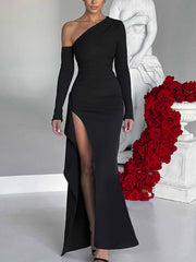 Inrosy robe longue moulante fendu le côté sirene irrégulière une épaule manches longues femme élégant de soirée
