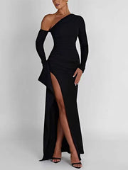 Inrosy robe longue moulante fendu le côté sirene irrégulière une épaule manches longues femme élégant de soirée