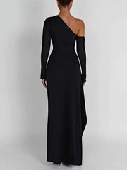 Inrosy robe longue moulante fendu le côté sirene irrégulière une épaule manches longues femme élégant de soirée