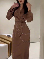 Inrosy robe longue moulante satin v-cou manches trompette manches longues plissée femme classique élégant bal de promo café