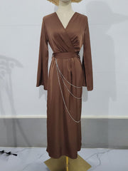 Inrosy robe longue moulante satin v-cou manches trompette manches longues plissée femme classique élégant bal de promo café