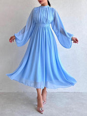 Inrosy robe longue mousseline fluide col rond manches bishop manches longues femme médiévale élégant de soirée pour mariage