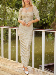 Inrosy robe longue moulante col bateau col carré manches courtes femme élégant mode vintage bal de promo