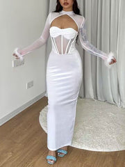 Inrosy robe longue moulante bustier découpes plume col montant manches longues femme casual décontracté de soirée