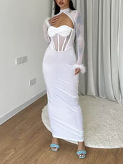 Inrosy robe longue moulante bustier découpes plume col montant manches longues femme casual décontracté de soirée