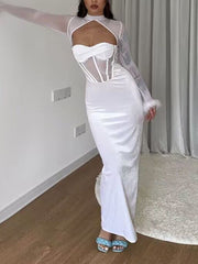 Inrosy robe longue moulante bustier découpes plume col montant manches longues femme casual décontracté de soirée