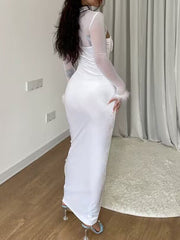 Inrosy robe longue moulante bustier découpes plume col montant manches longues femme casual décontracté de soirée