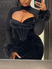 Inrosy robe longue moulante bustier découpes plume col montant manches longues femme casual décontracté de soirée