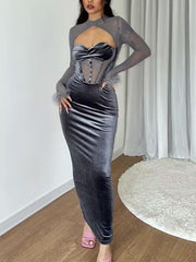 Inrosy robe longue moulante bustier découpes plume col montant manches longues femme casual décontracté de soirée