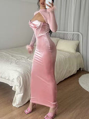 Inrosy robe longue moulante bustier découpes plume col montant manches longues femme casual décontracté de soirée