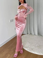 Inrosy robe longue moulante bustier découpes plume col montant manches longues femme casual décontracté de soirée