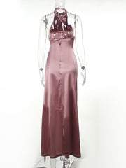 Inrosy robe longue en satin fendu le côté dos nu col montant licou sans manches femme élégant de soirée