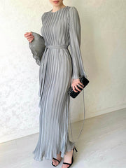 Inrosy robe longue plissé ceinture col rond manches trompette élégant femme décontracté de soirée pour mariage