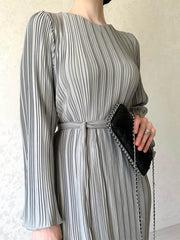 Inrosy robe longue plissé ceinture col rond manches trompette élégant femme décontracté de soirée pour mariage