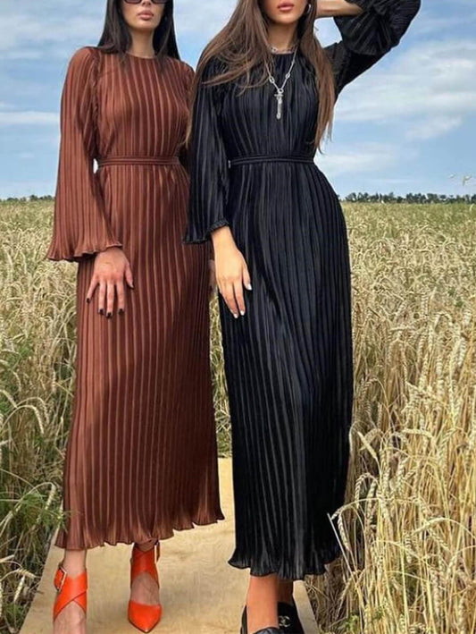 Inrosy robe longue plissé ceinture col rond manches trompette élégant femme décontracté de soirée pour mariage