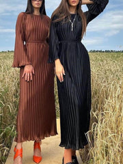 Inrosy robe longue plissé ceinture col rond manches trompette élégant femme décontracté de soirée pour mariage