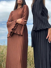 Inrosy robe longue plissé ceinture col rond manches trompette élégant femme décontracté de soirée pour mariage